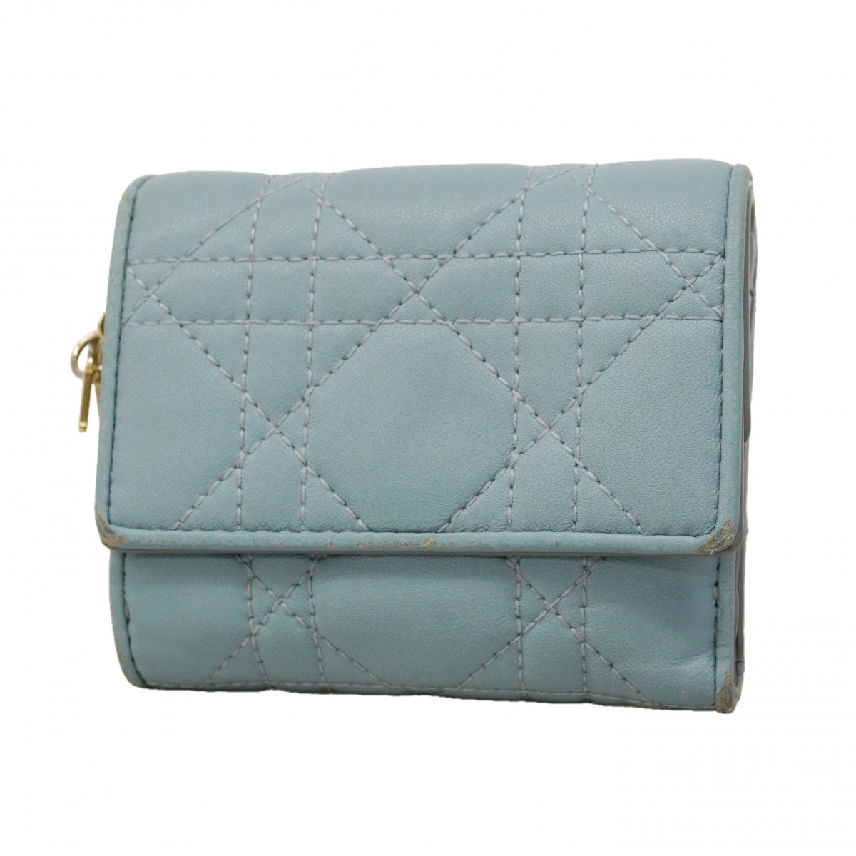 【6db1046】クリスチャンディオール 三つ折り財布 カナージュ レザー ブルー ゴールド金具【中古】レディース