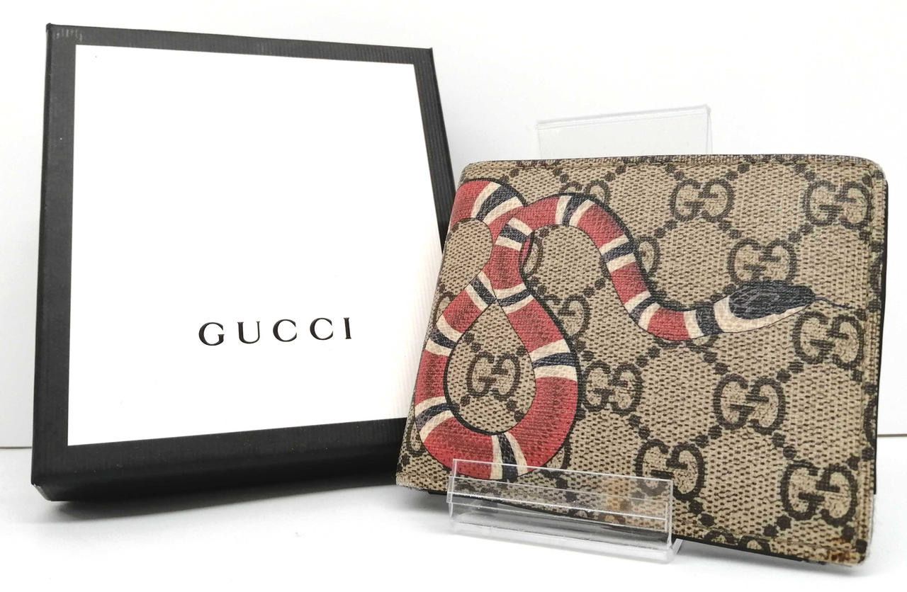 GUCCI Kingsnake Print GG Supreme Wallet "Beige"