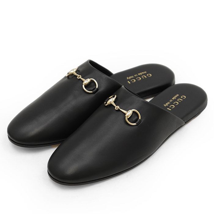 【極美品】GUCCI グッチ ミュール ビットレザー サイズ 38 レディース ロゴ スリッパ フラット サンダル シューズ 靴 箱/保存袋付属 ブラック × ゴールド 黒 金色 イタリア製