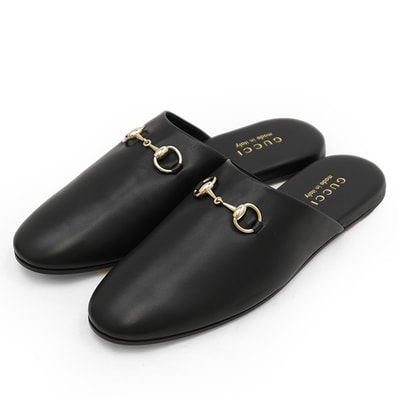 【極美品】GUCCI グッチ ミュール ビットレザー サイズ 38 レディース ロゴ スリッパ フラット サンダル シューズ 靴 箱/保存袋付属 ブラック × ゴールド 黒 金色 イタリア製