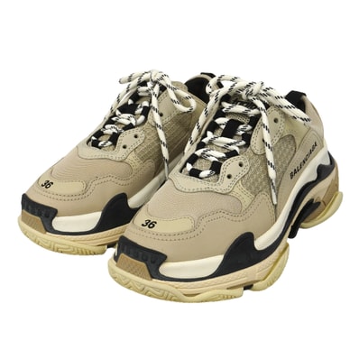 【6aph041】バレンシアガ スニーカー 36 トリプルS ファブリック レザー ベージュ【中古】レディース