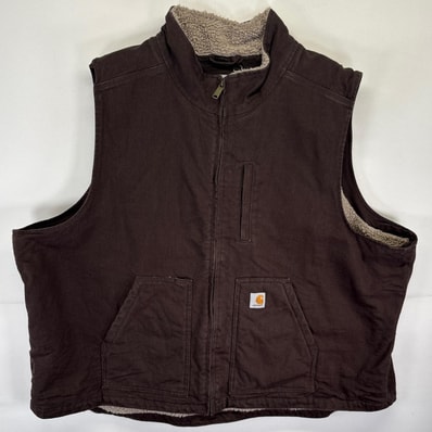 古着 カーハート Carhartt ダックベスト ボア ワンポイントロゴ フルジップ 大きいサイズ 4XL ブラウン系 メンズ