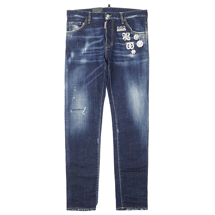 【未使用】DSQUARED2 ディースクエアード デニムパンツ 48 メンズ COOL GUY JEAN 2021年モデル ダメージ加工 ロゴ CATEN イーグル メタルピン ビジュー チャーム ボタンフライ ストレッチ ジーンズ ボトムス インディゴ 伊製