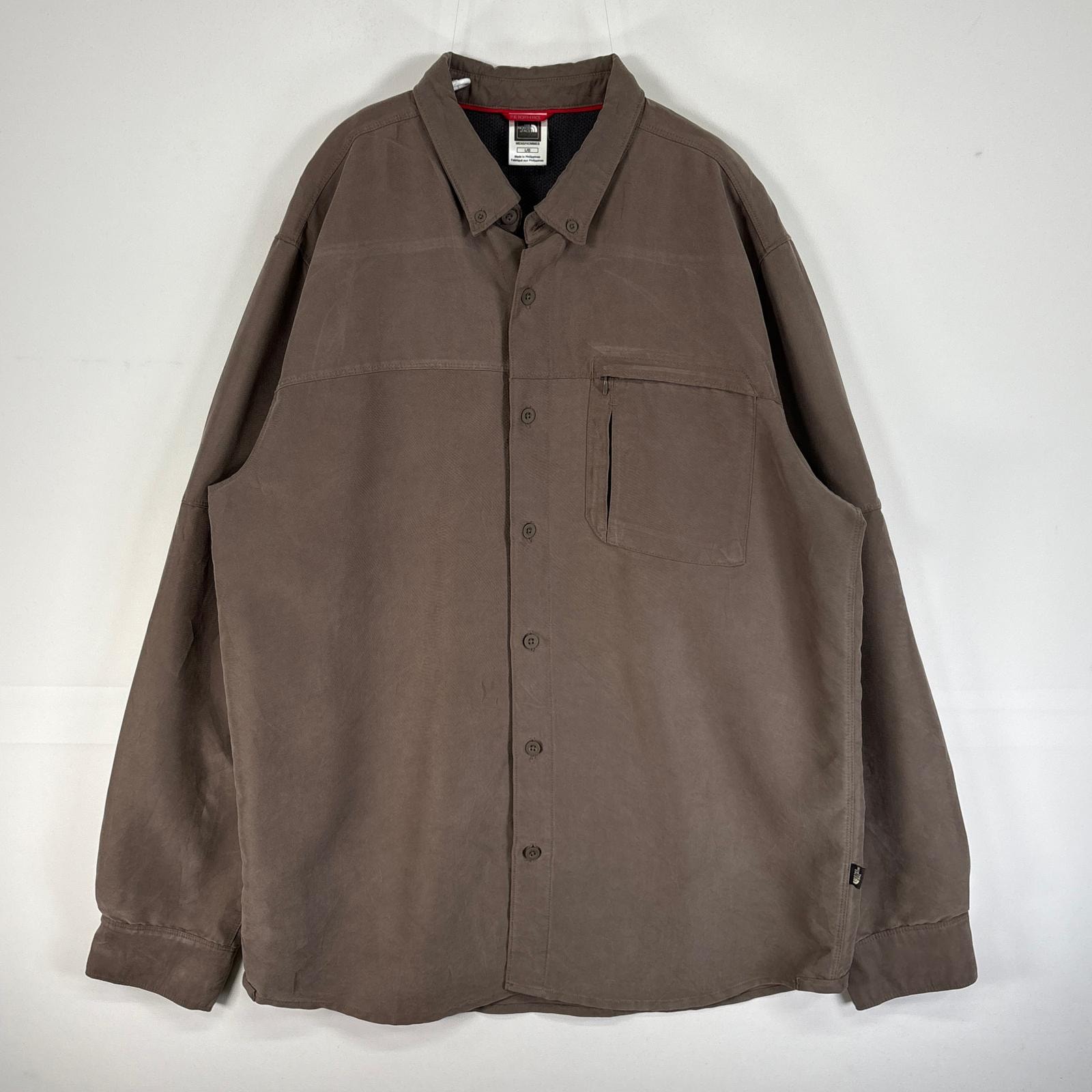 古着 ザ・ノースフェイス THE NORTH FACE 長袖シャツ 肉厚 ボタンダウン 胸ポケ ロールアップ  ブラウン 無地 メンズ