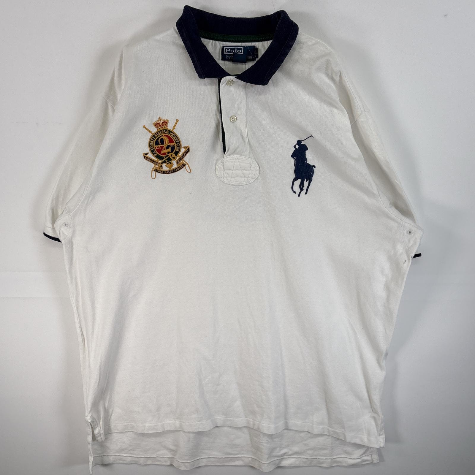 古着 90's/90年代 ポロバイラルフローレン Polo by Ralph Lauren 鹿の子 半袖 ポロシャツ ビッグポニー 2ボタン エンブレム 14041  ホワイト系 ツートン メンズ