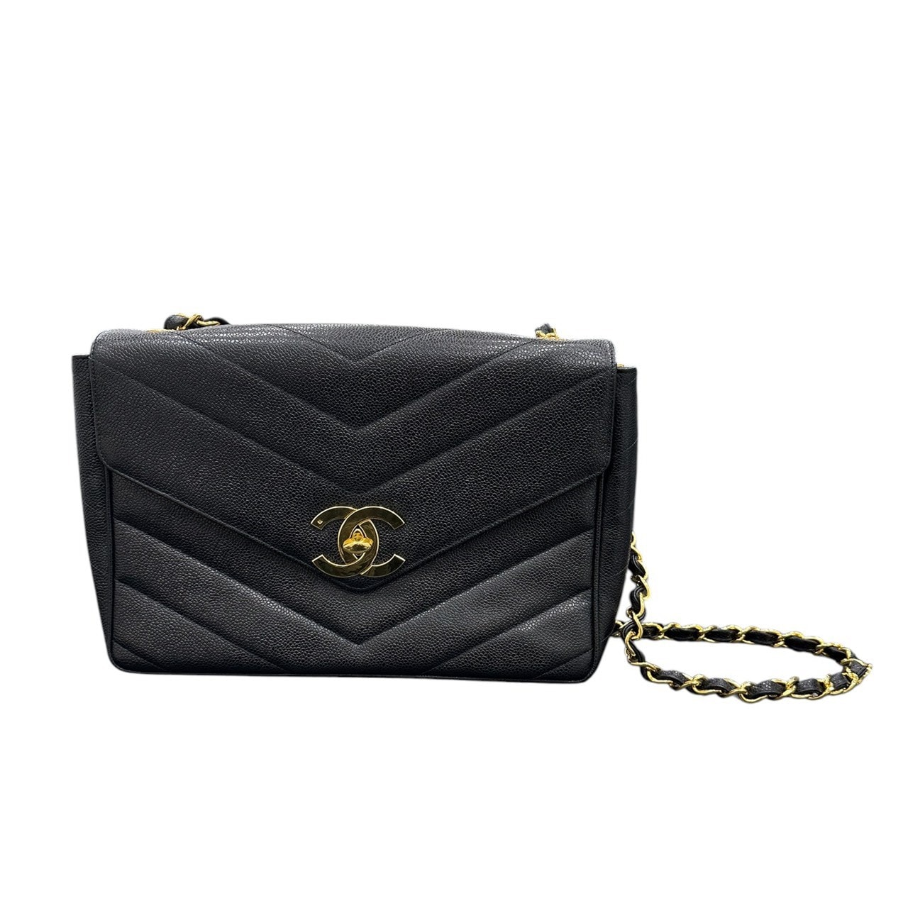 CHANEL シャネル キャビアスキン ブラック レザー ショルダーバッグ S1-00225 【中古】