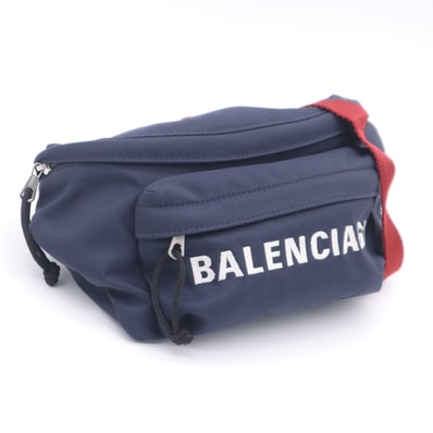 美品 BALENCIAGA バレンシアガ ナイロン ウィールベルトバッグ 533009 ウエストバッグ ネイビー レッド ナイロン メンズ