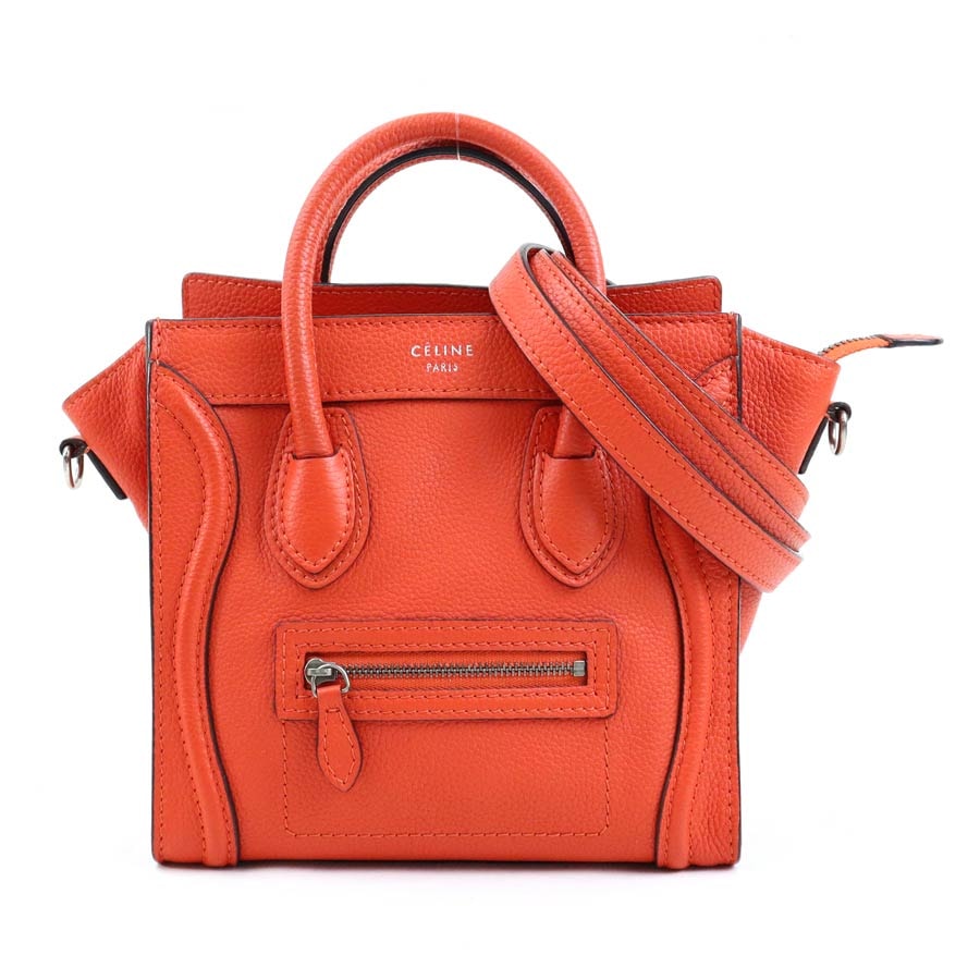 セリーヌ CELINE ハンドバッグ ショルダーバッグ ラゲージ ナノショッパー レザー オレンジ レディース【中古】 r10299i