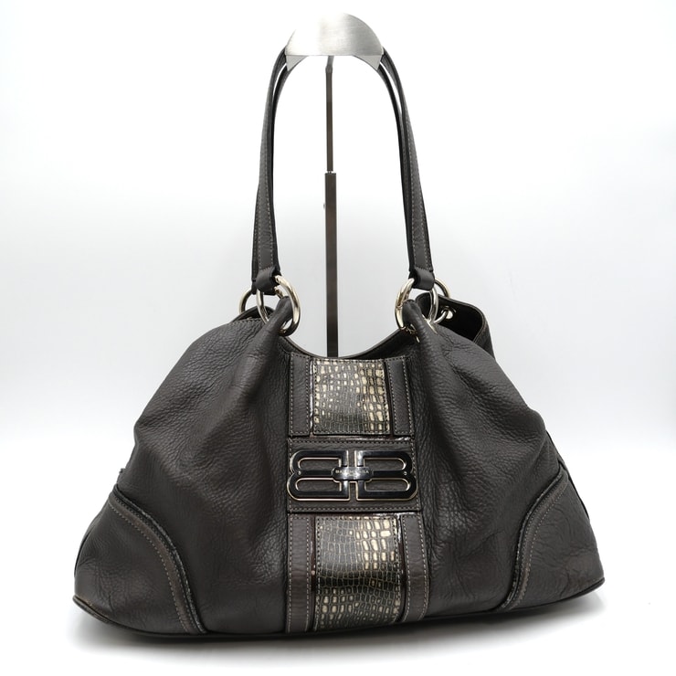 BALENCIAGA(バレンシアガ)BBロゴ ヴィンテージ ショルダーバッグ トートバッグ ダークブラウン レザー クロコ型押し ゴールド金具 肩掛け レディース【中古】