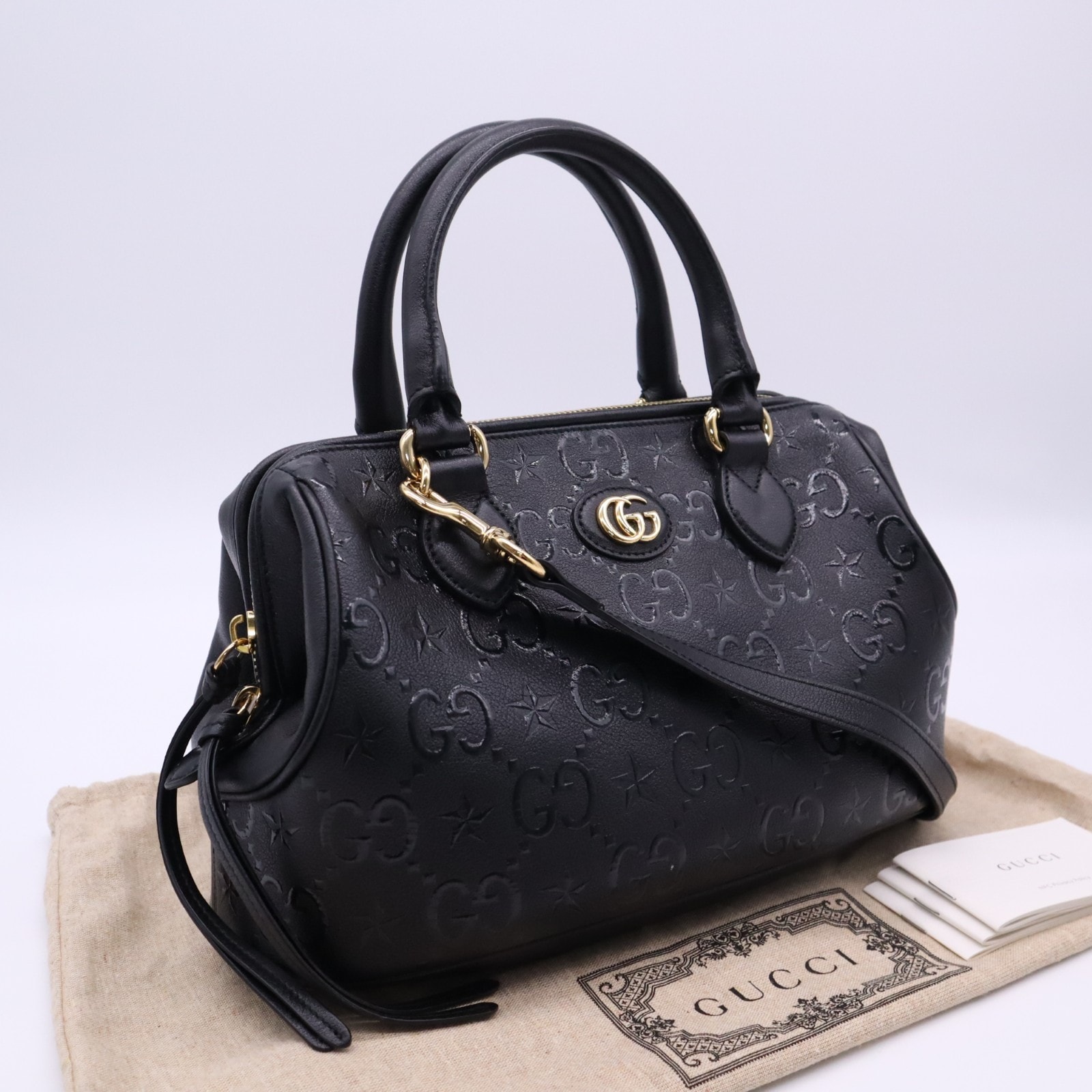 美品 GUCCI グッチ GGエンボス スター ミディアム 2way ハンドバッグ 675773 2wayハンドバッグ ブラウン ベージュ レザー レディース