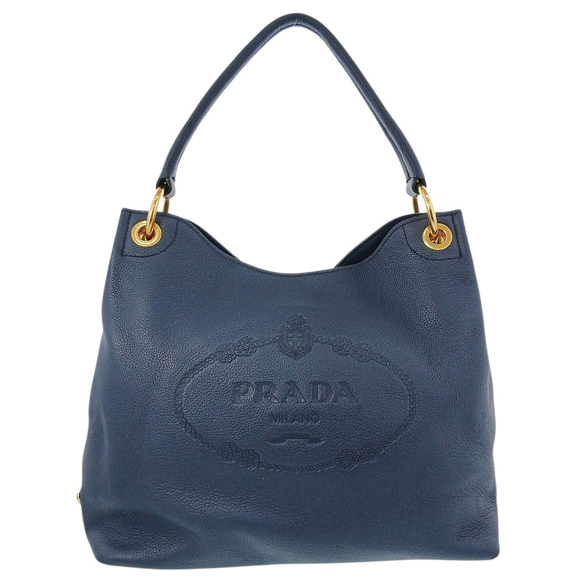 PRADA プラダ ロゴ ワンショルダーバッグ 1BC051 カーフ レザー ネイビー  レディース【中古】