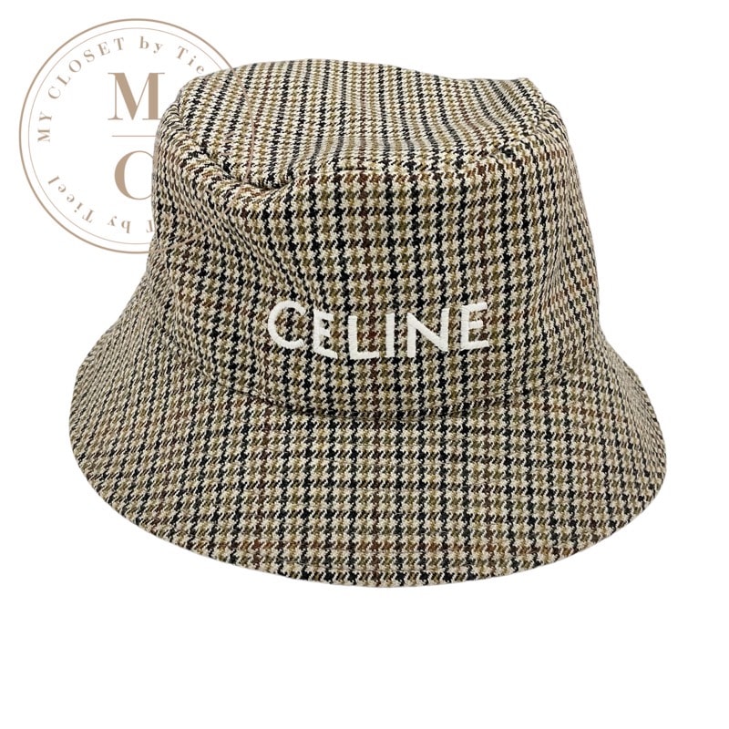 セリーヌ CELINE 帽子 ウール ブラウン系 ロゴ 千鳥格子 バケットハット
