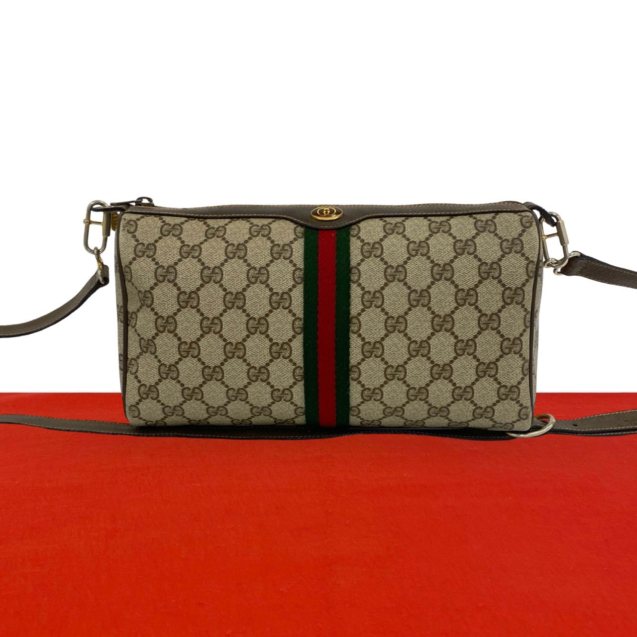 GUCCI グッチ シェリーライン GG ロゴ 柄 レザー PVC ショルダーバッグ ブラウン
 52226
