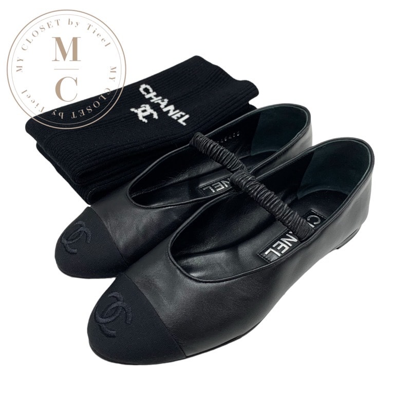 シャネル CHANEL フラットシューズ 靴 シューズ レザー ファブリック ブラック 黒 メリージェーン ココマーク バレエシューズ