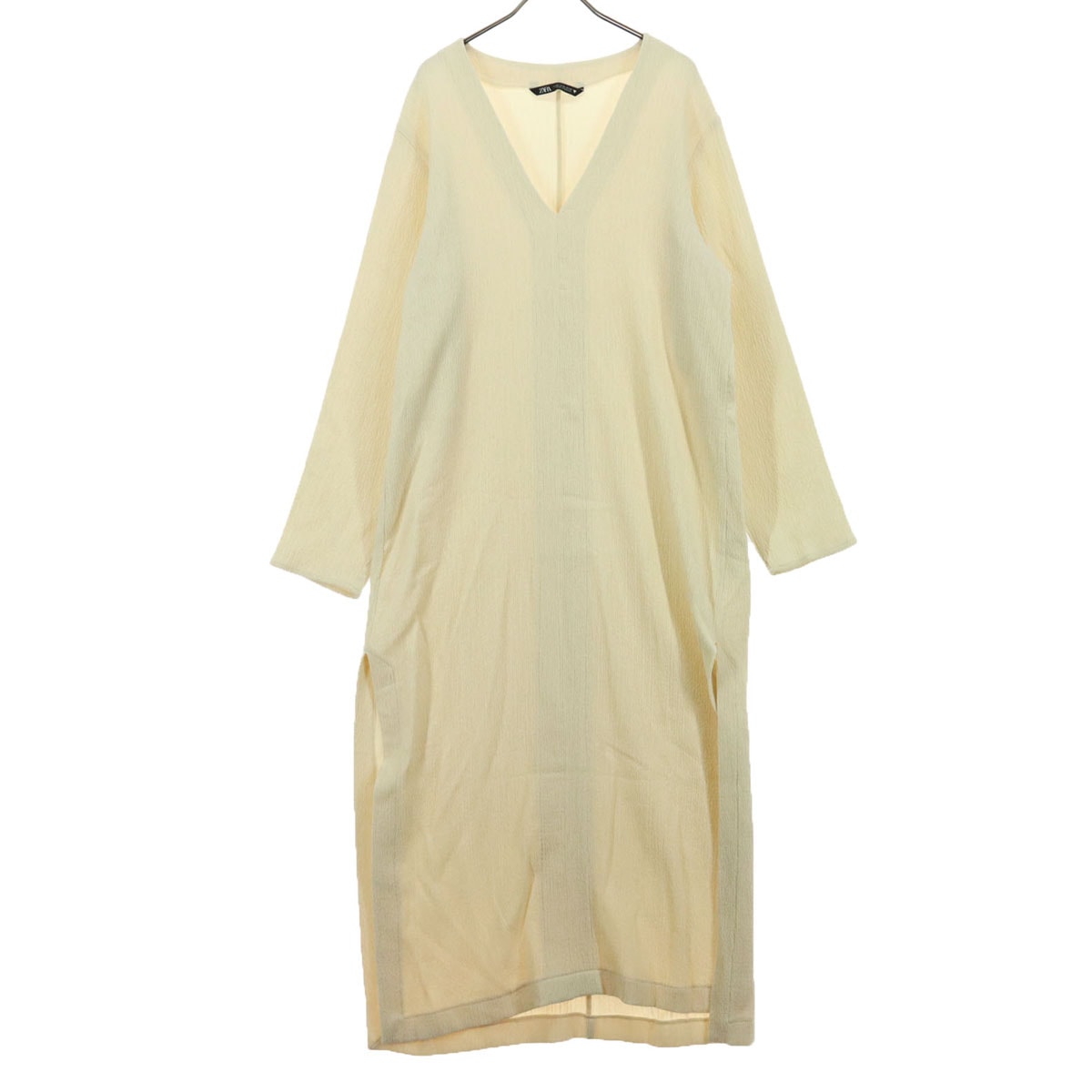 ZARA ザラ 長袖 再生繊維 Vネック ロングワンピース M ライトピンクベージュ