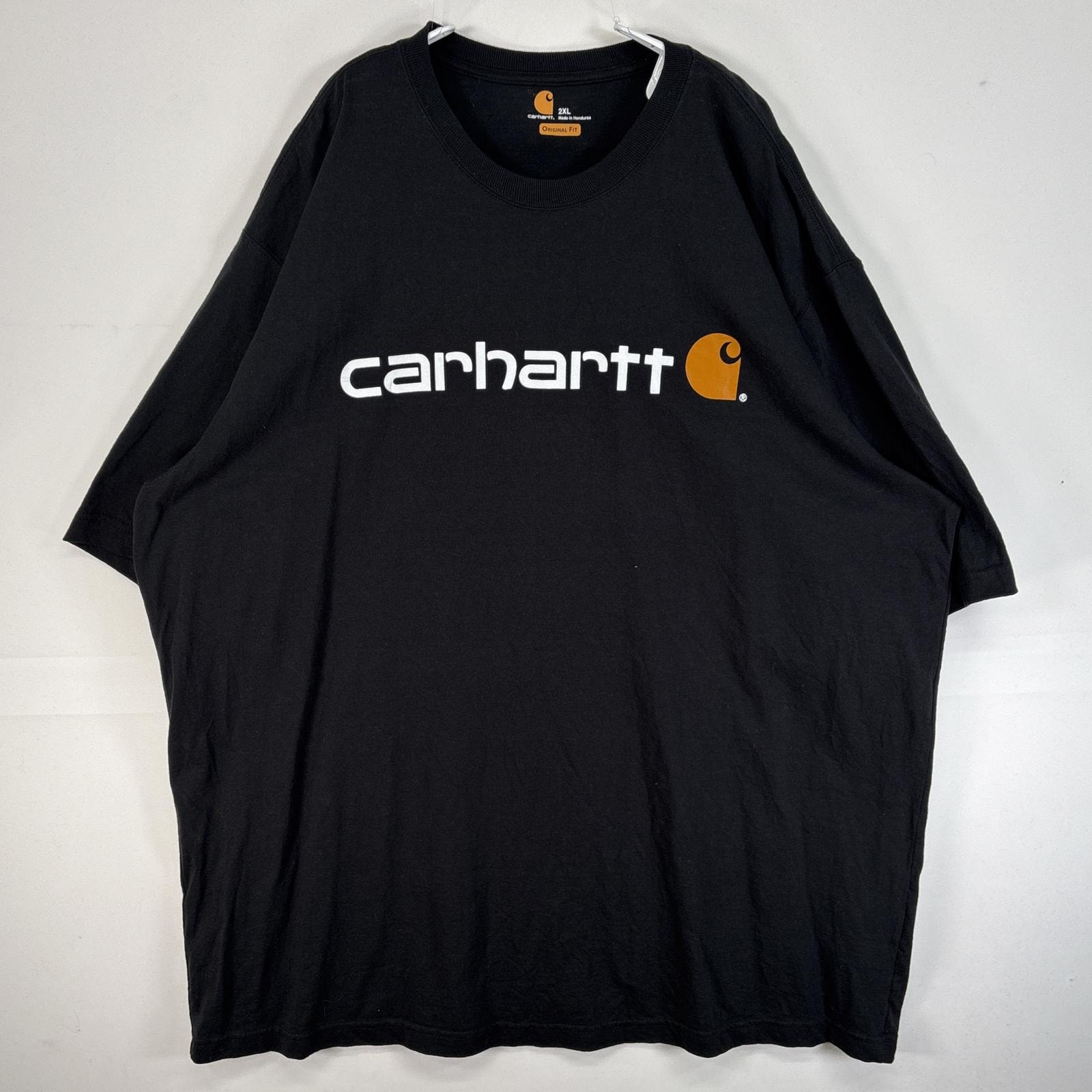 古着 カーハート Carhartt 半袖Tシャツ センター プリント ロゴ 大きいサイズ 肉厚 クルーネック 2XL ブラック メンズ
