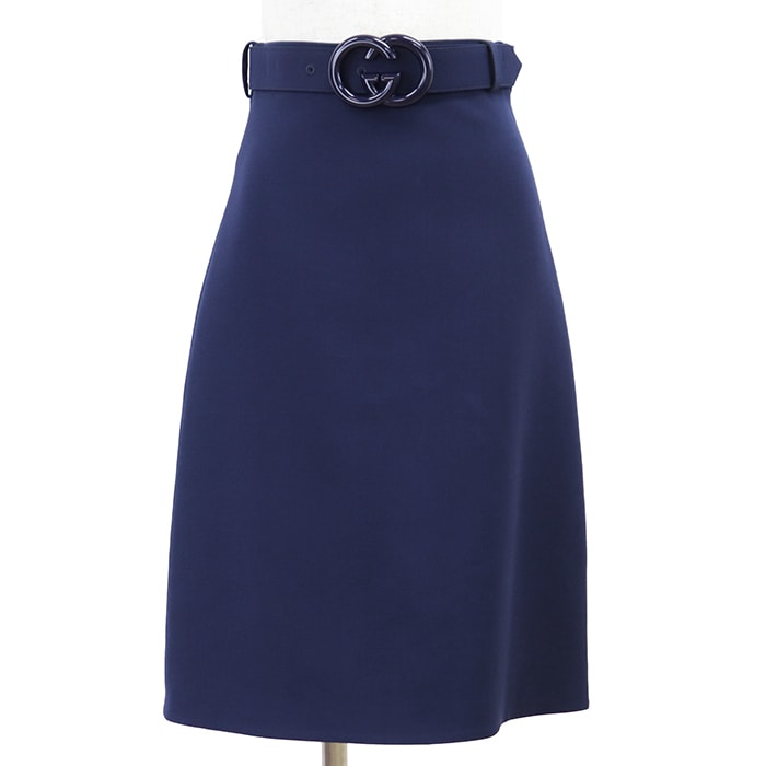 【SALE】GUCCI グッチ タイトスカート サイズ 38 レディース GG インターロッキング ウール × シルク ベルテッド ボトムス ベルト付属 ブルー 青 イタリア製