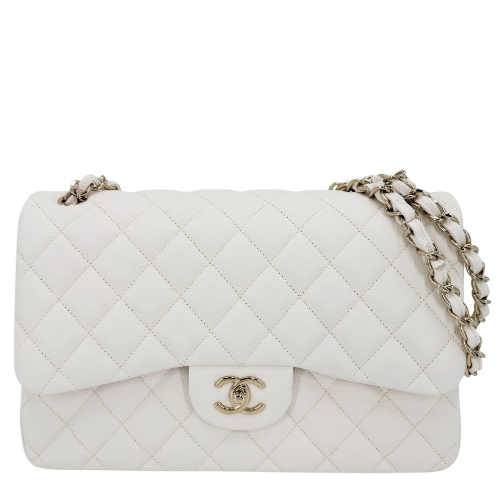 CHANEL シャネル ショルダーバッグ マトラッセ30 ココマーク ターンロック ダブルフラップ 肩掛け ダブルチェーン  キャビアスキン   ホワイト 白 ゴールド金具 レディース 美品【中古品】