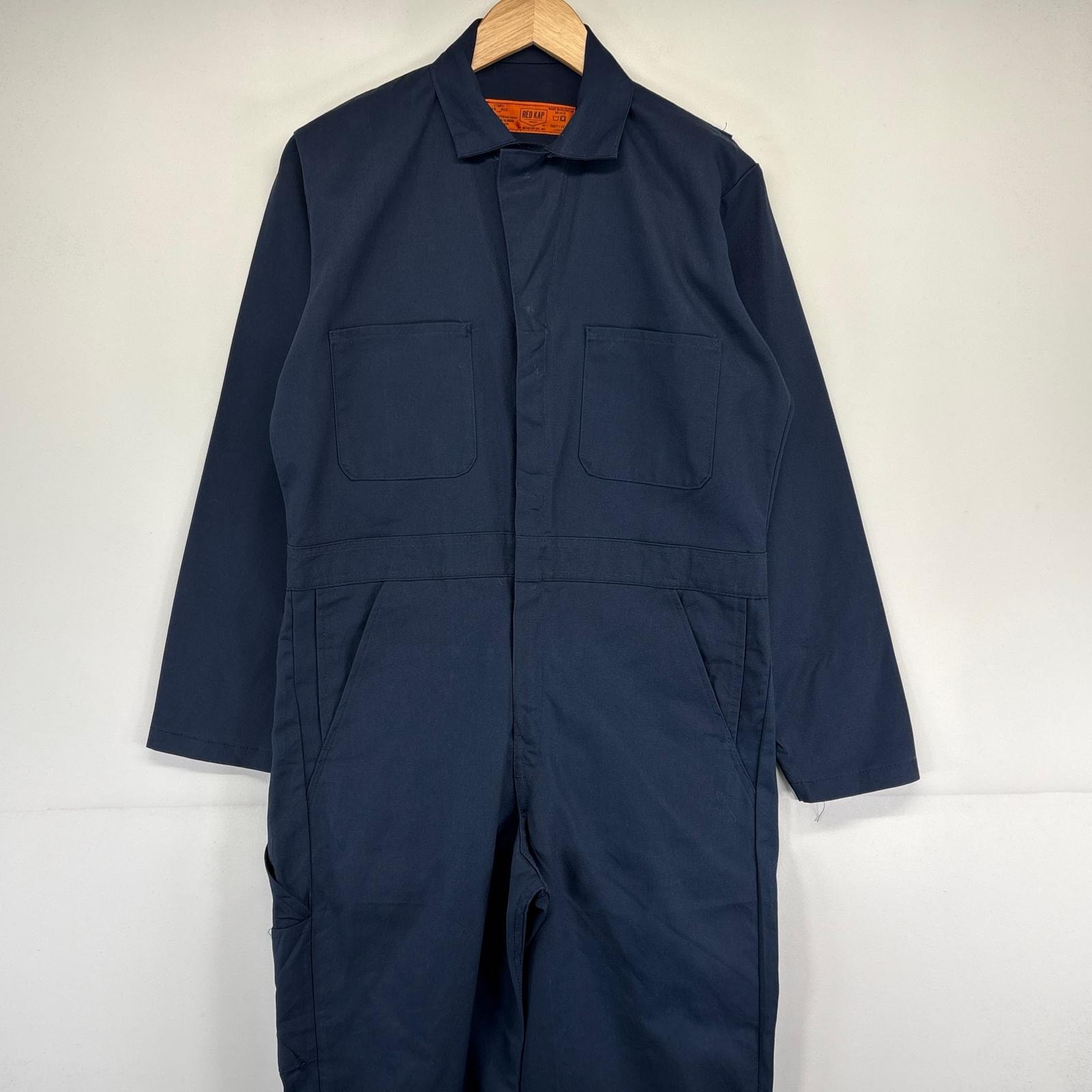 古着 レッドキャップ RED KAP 長袖つなぎ オールインワン ワーク 作業着 無地 胸ポケット 38R ネイビー メンズ