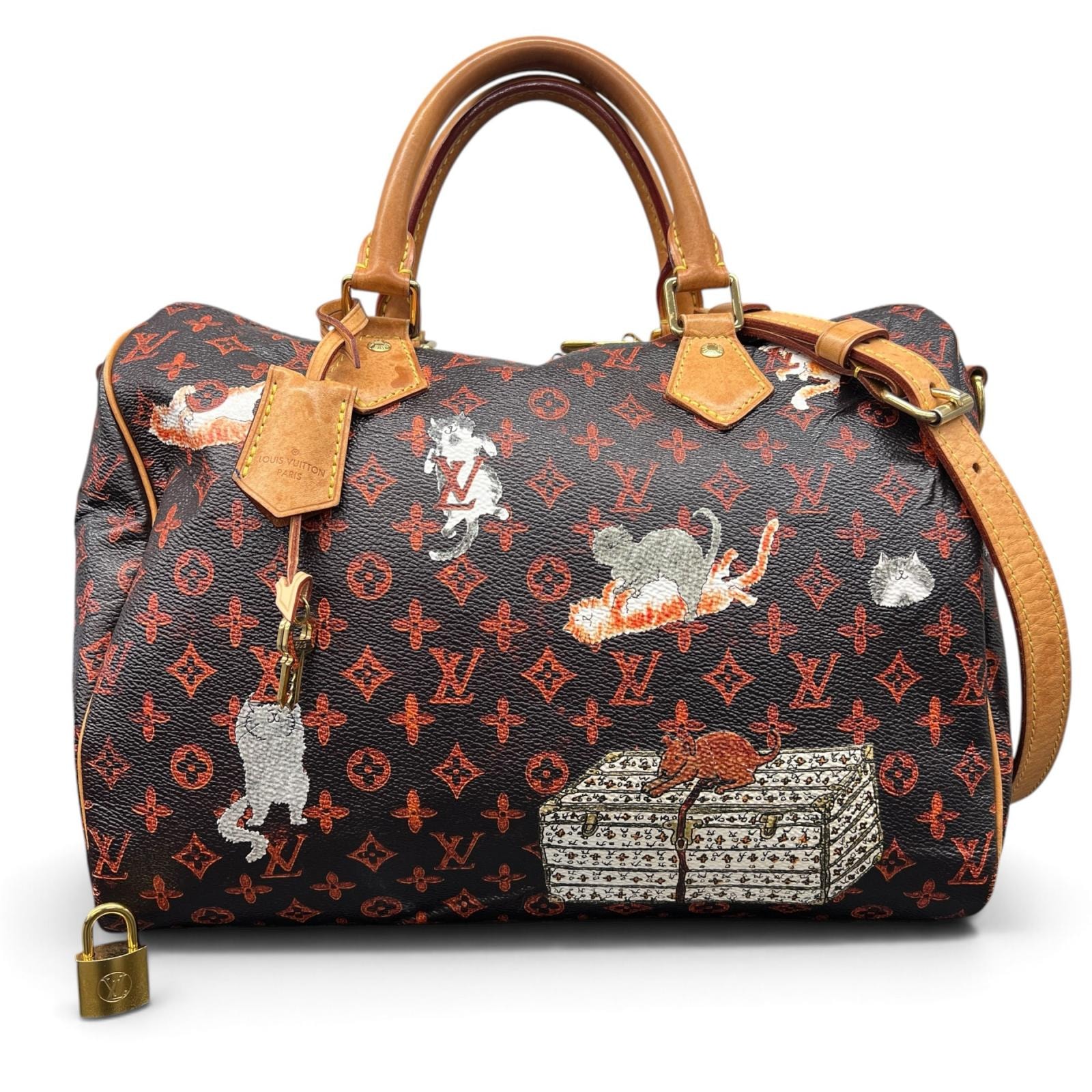LOUIS VUITTON 希少 ルイヴィトン スピーディ バンドリエール30 キャットグラム モノグラム 2way ミニボストン ショルダーバッグ M44401 PVC レザー MB0169 ダークブラウン 猫 LV Bランク 中古 鑑定済 ヴィトンバッグ