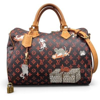 LOUIS VUITTON 希少 ルイヴィトン スピーディ バンドリエール30 キャットグラム モノグラム 2way ミニボストン ショルダーバッグ M44401 PVC レザー MB0169 ダークブラウン 猫 LV Bランク 中古 鑑定済 ヴィトンバッグ