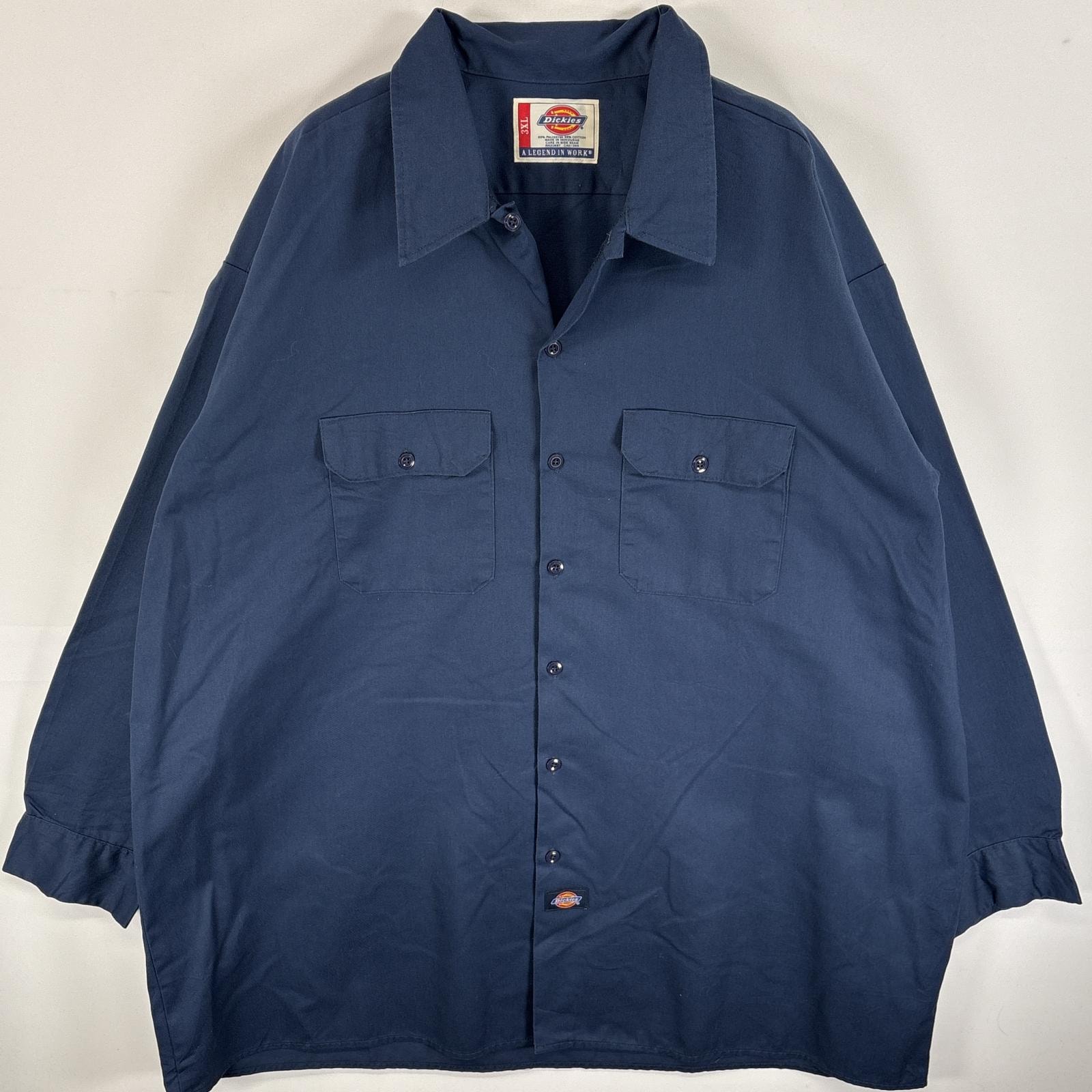 古着 ディッキーズ Dickies 長袖シャツ ワークシャツ 大きいサイズ フラップポケ 3XL ネイビー 無地 メンズ