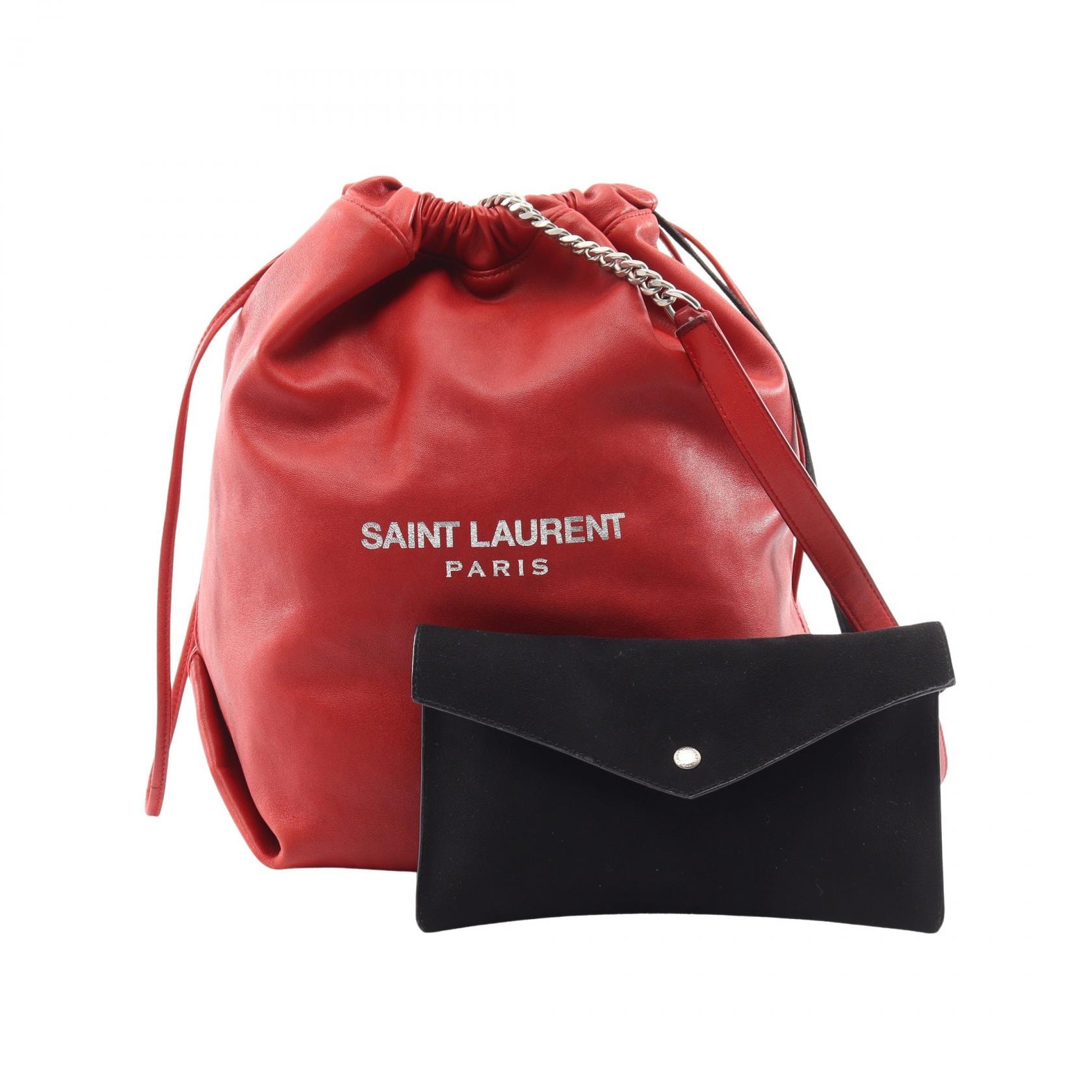 サンローランパリ SAINT LAURENT PARIS TEDDY テディ ポーチ付き 巾着 ショルダーバッグ バッグ レザー レディース レッド系 【中古】