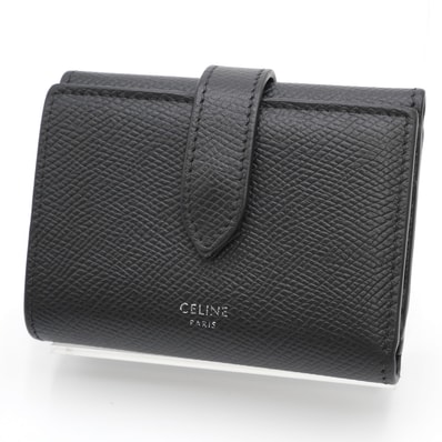CELINE(セリーヌ)ファインストラップウォレット 二つ折り財布 コンパクトウォレット ブラック レザー シルバー金具 レディース【中古】