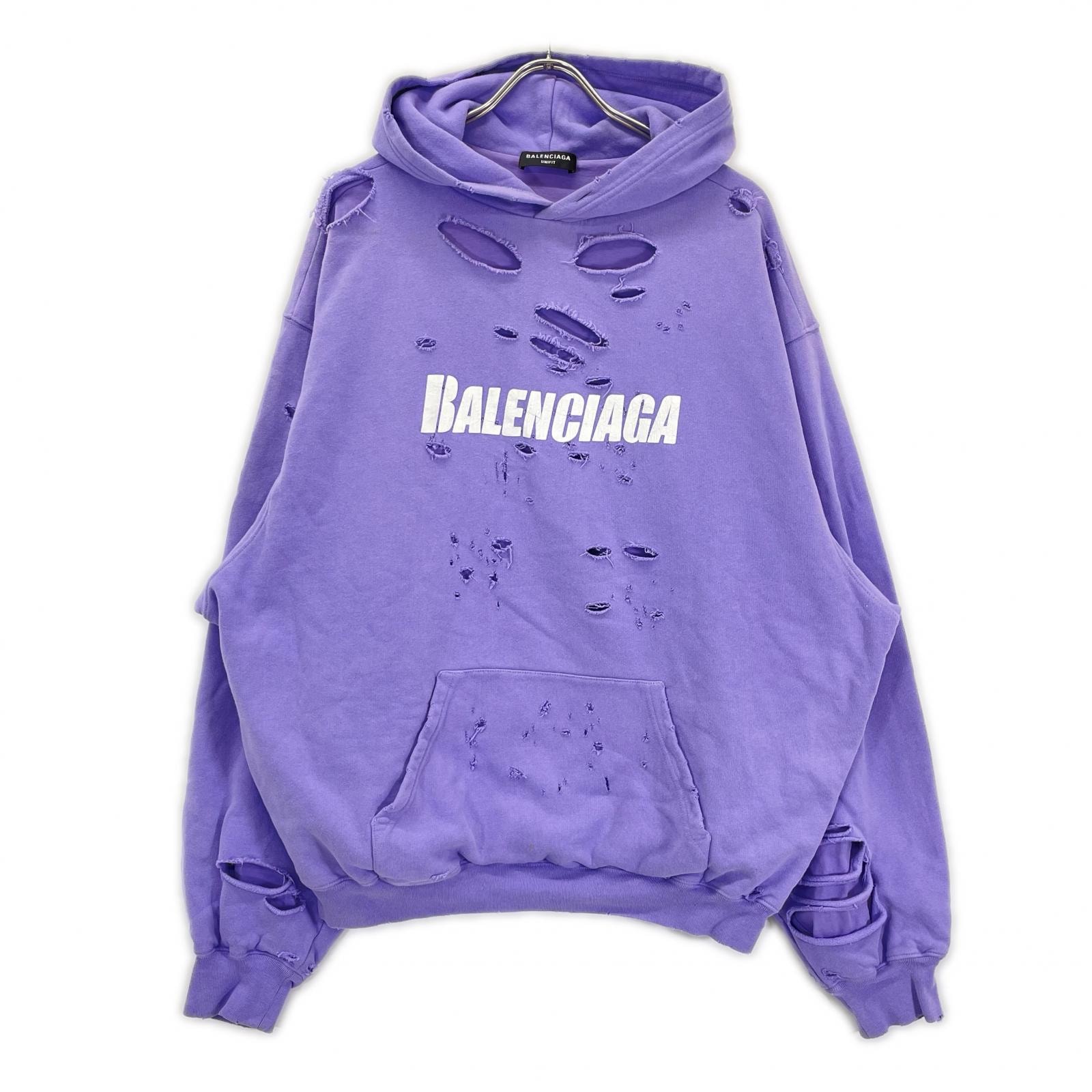 バレンシアガ 21年 659403 パープル  DESTROYED HOODIE パーカー XS