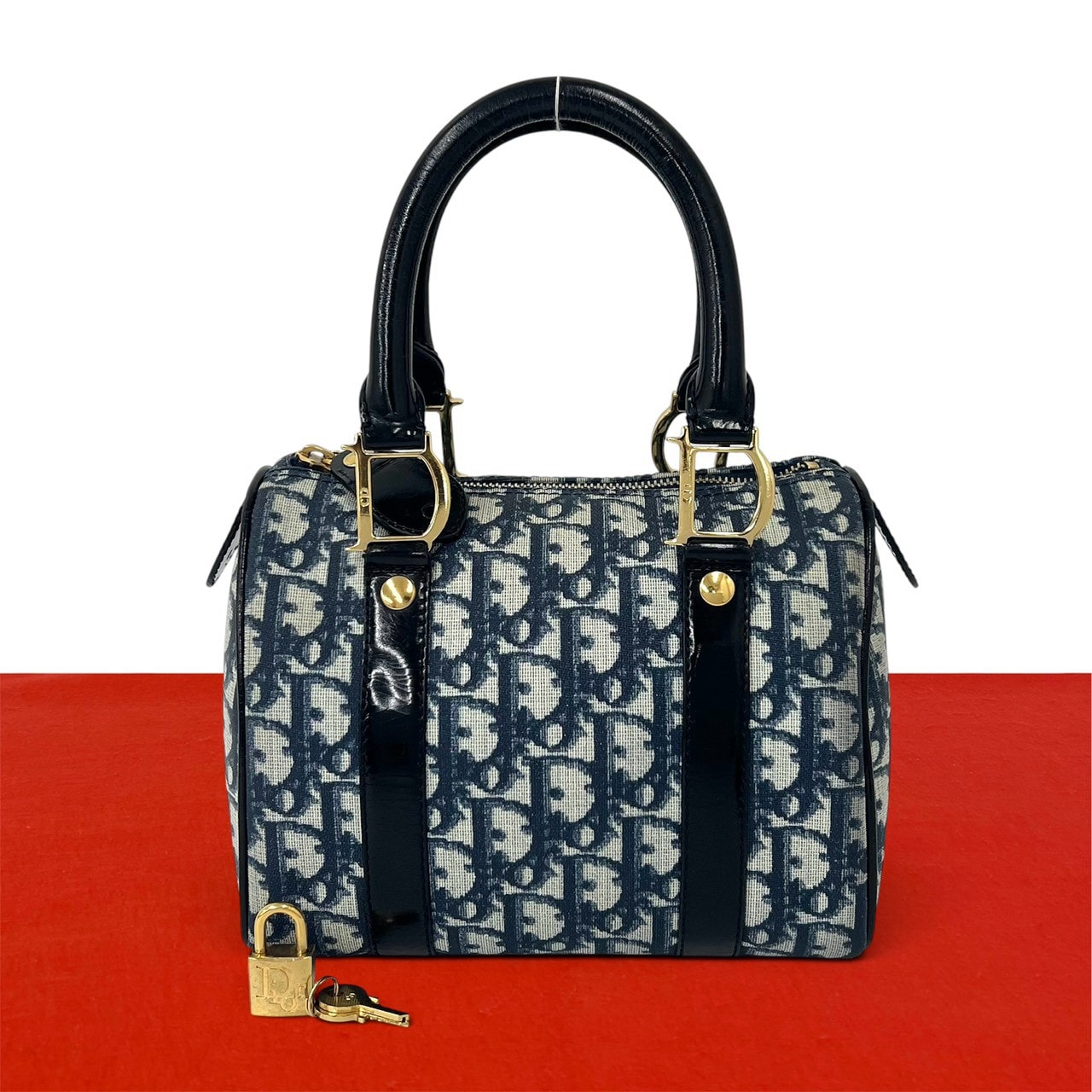 Christian Dior ディオール トロッター ロゴ 金具 レザー PVC ハンドバッグ ネイビー
 19770