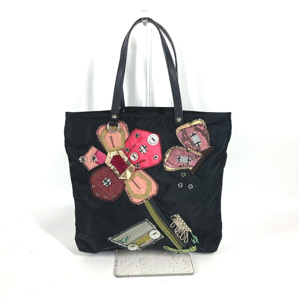 プラダ PRADA 刺繍 フラワー 金具 花 ショルダーバッグ カバン 肩掛け ハンドバッグ トートバッグ ナイロン ブラック