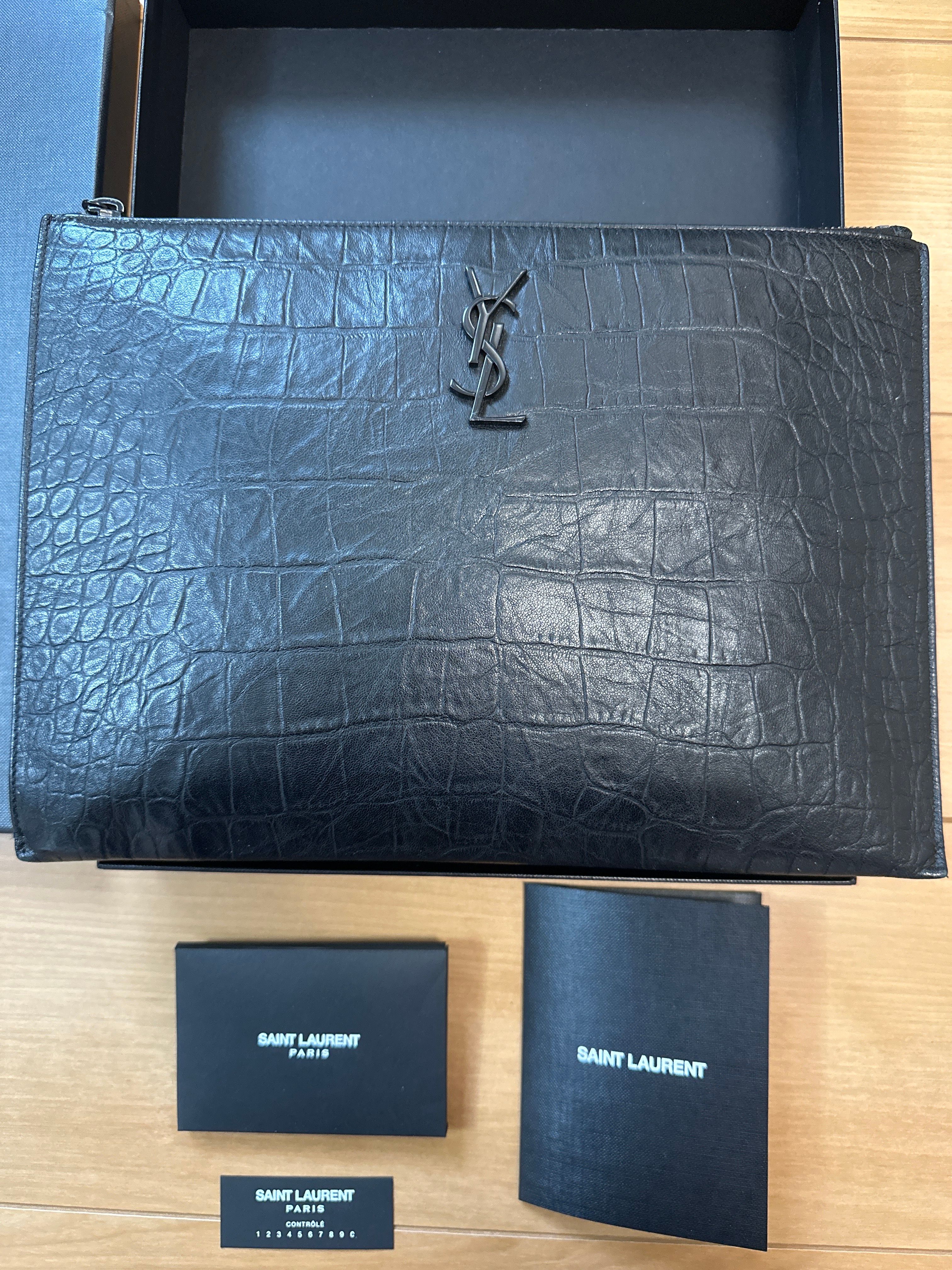 Saint Laurent Monogram Document Holder In Crocodile Embossed Leather "Black"