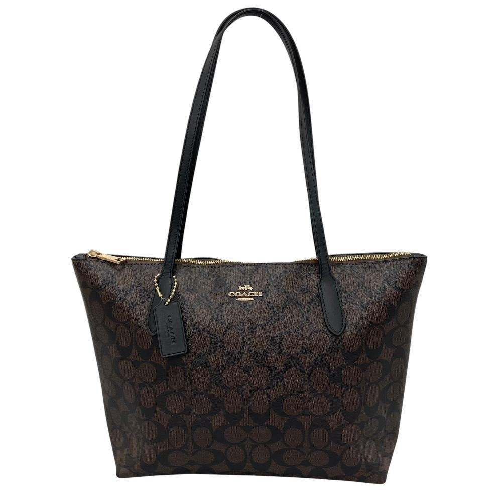 COACH コーチ トートバッグ ジップトップトート シグネチャー 肩掛け 4455 PVCコーティングキャンバス    ブラウン 茶 ゴールド金具 レディース 美品【中古品】