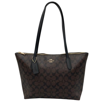 COACH コーチ トートバッグ ジップトップトート シグネチャー 肩掛け 4455 PVCコーティングキャンバス ブラウン 茶 ゴールド金具 レディース 美品【中古品】