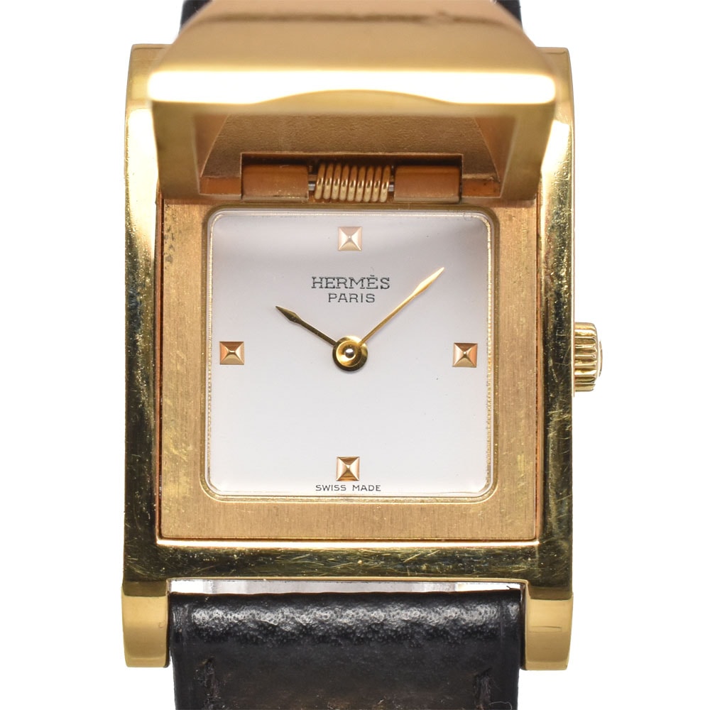 エルメス HERMES メドール GP/レザー ホワイト クォーツ レディース 良品 箱付き 腕時計 I#147811