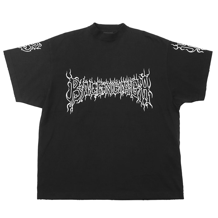 【美品】BALENCIAGA バレンシアガ Darkwave ダークウェイブ 半袖Tシャツ サイズ L メンズ ダメージ加工 ファイヤーロゴ トライバル コットン100% カットソー トップス ブラック 黒 ポルトガル製
