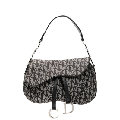 ディオール トロッター サドル ハンドバッグ ワンショルダー ブラック グレー キャンバス レザー レディース Dior 【中古】