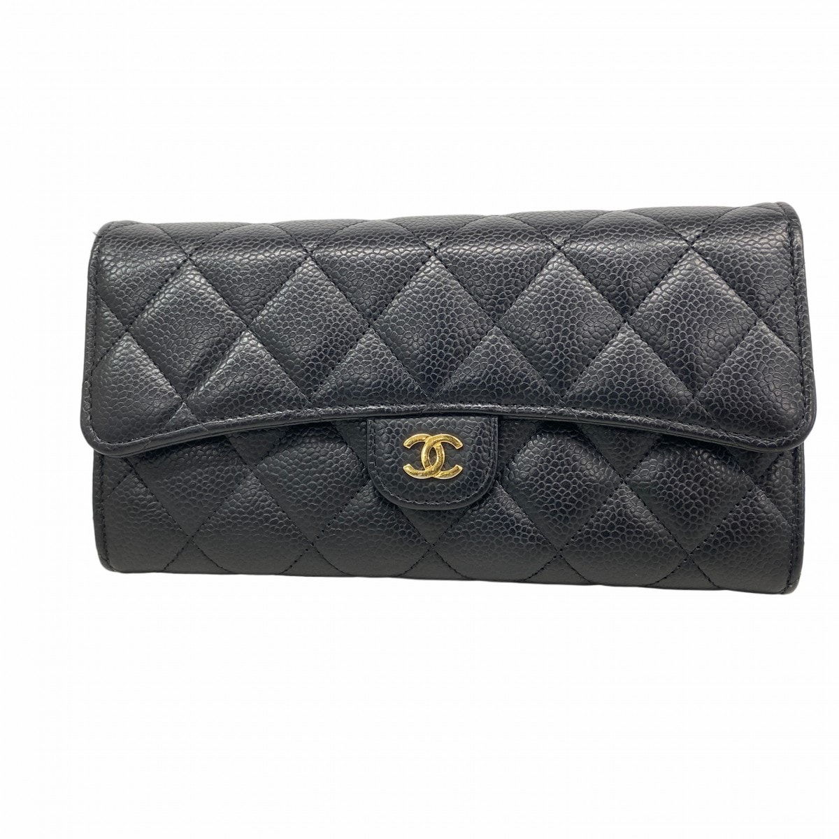 【6fa1133】シャネル 長財布 マトラッセ キャビアスキン ブラック ゴールド金具【中古】レディース