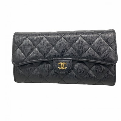 【6fa1133】シャネル 長財布 マトラッセ キャビアスキン ブラック ゴールド金具【中古】レディース