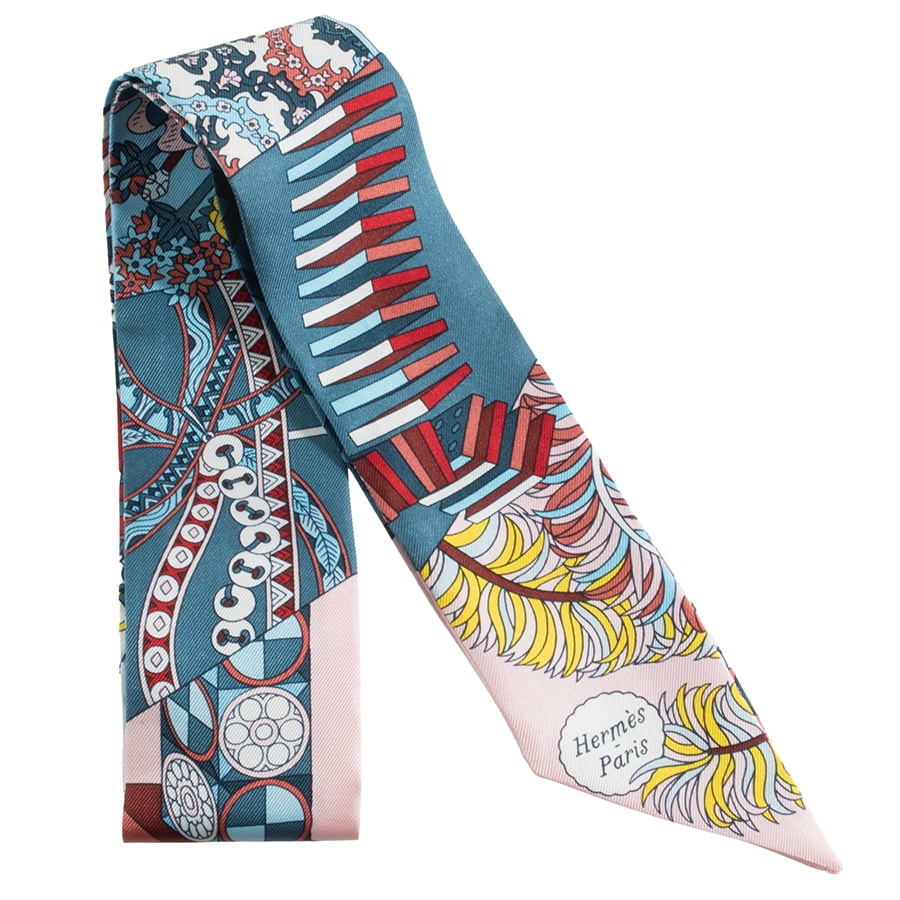 HERMES エルメス ツイリー De l'Ombrelle aux Duels Vieux 杖傘と決闘 063464S 01 スカーフ シルク ブルー ピンク【中古】