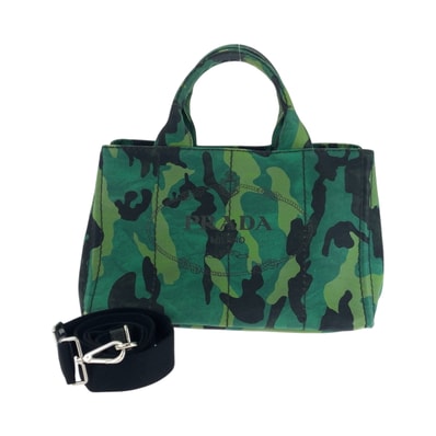 美品 PRADA プラダ カナパトート カモフラ柄 ロゴ グリーン マルチカラー シルバー金具 キャンバス ショルダーバッグ トートバッグ 2way 502664 【中古】