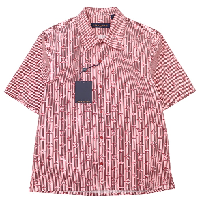 【未使用】LOUIS VUITTON ルイ・ヴィトン 半袖Tシャツ サイズ M メンズ 2023SS ストライプ LV ロゴ ボタン モノグラム ショートスリーブ ボックスシルエット コットン100% トップス タグ付属 レッド 赤 フランス製