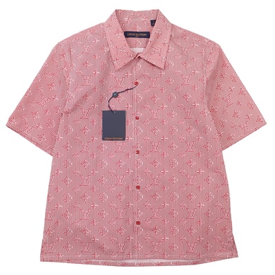 【未使用】LOUIS VUITTON ルイ・ヴィトン 半袖Tシャツ サイズ M メンズ 2023SS ストライプ LV ロゴ ボタン モノグラム ショートスリーブ ボックスシルエット コットン100% トップス タグ付属 レッド 赤 フランス製