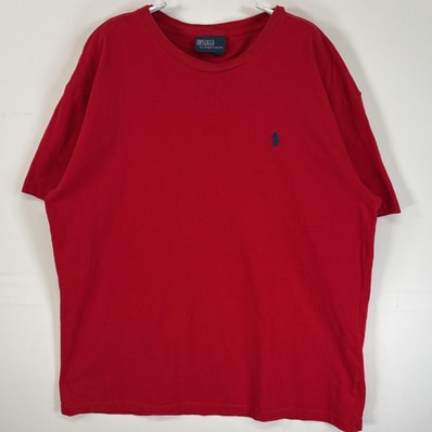 古着 90's/90年代 ポロバイラルフローレン Polo by Ralph Lauren 半袖Tシャツ ロゴ 刺繍 クルーネック M レッド 無地 メンズ