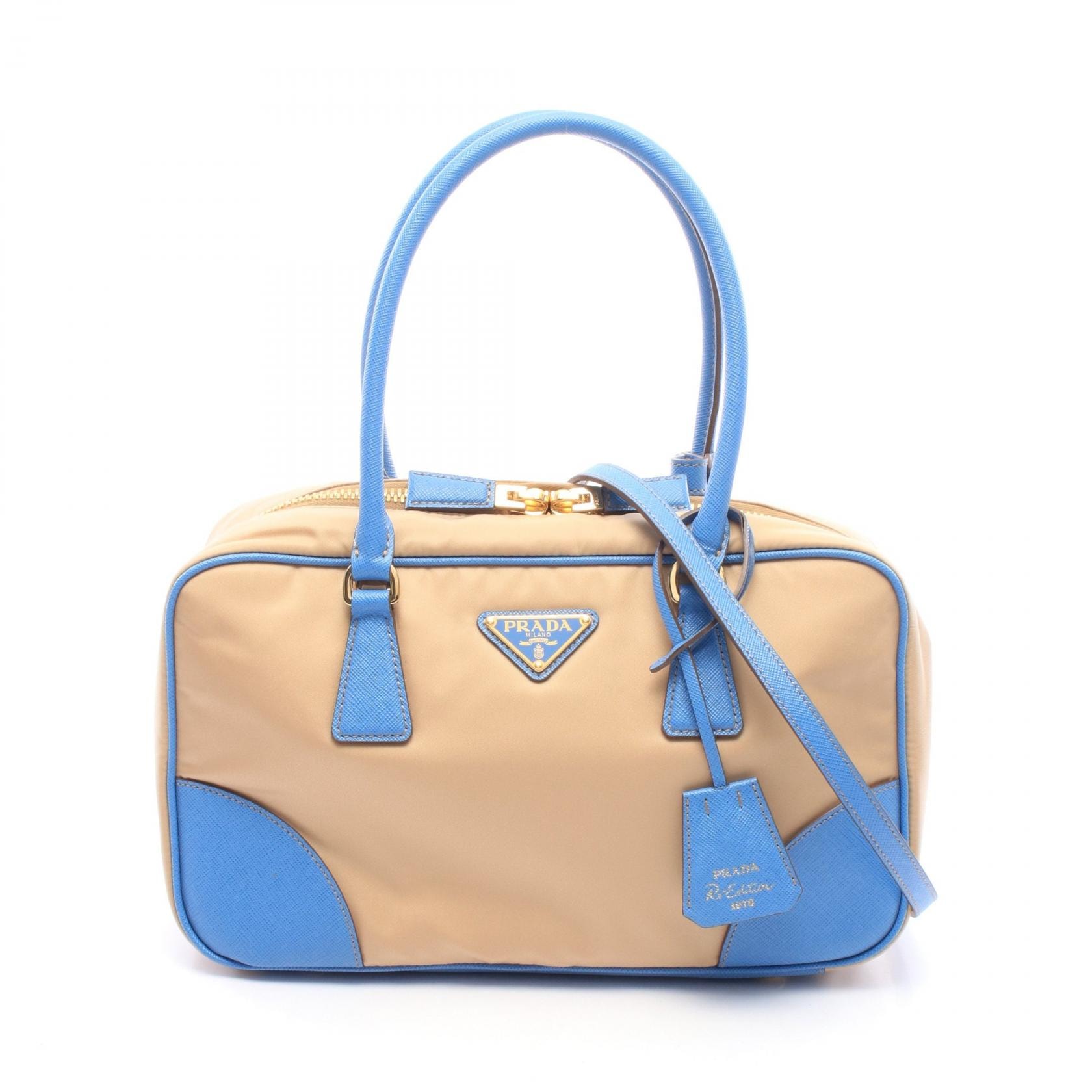 プラダ PRADA トライアングルロゴ 2WAY ハンドバッグ バッグ ナイロン レザー レディース ベージュ系 / ブルー系 【中古】