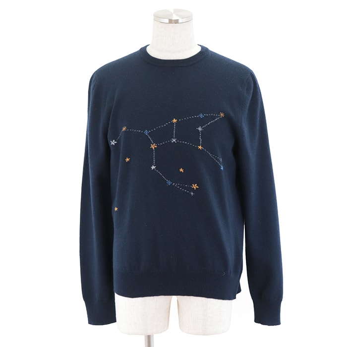 【美品】 エルメス カシミヤ100% 星座刺繍 ロングスリーブ ニット セーター セーター メンズ ネイビー M HERMES