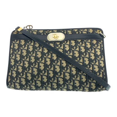 美品 Dior ディオール ヴィンテージ トロッター ネイビー ゴールド金具 キャンバス レザー/ ショルダーバッグ 505915 【中古】