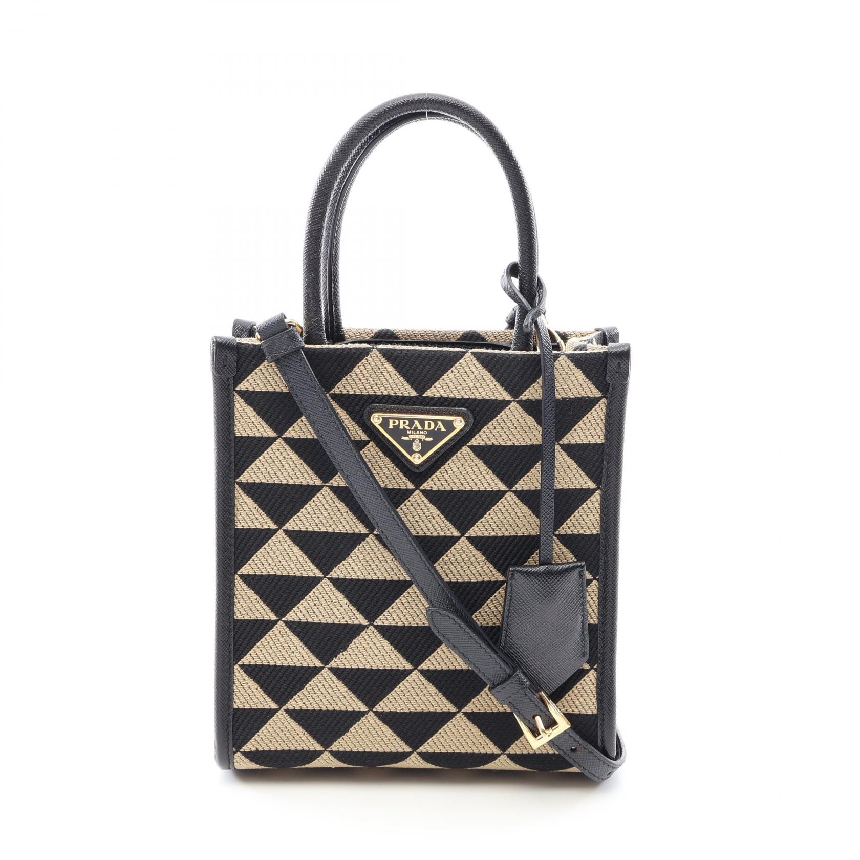 プラダ PRADA TRIANGOLO JACQUARD シンボル エンブロイダリー ミニ 2WAY ハンドバッグ バッグ キャンバス サフィアーノレザー レディース ブラック系 / ベージュ系 1BA355 【中古】