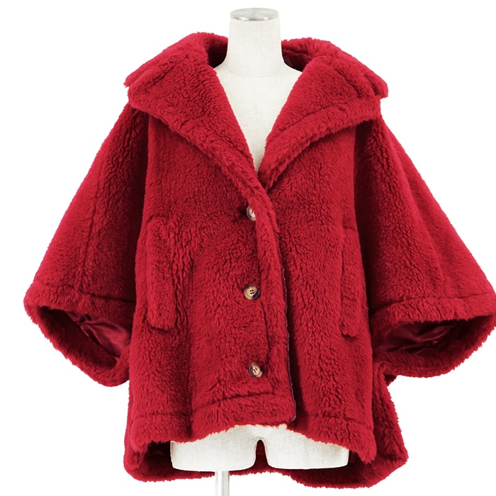 【極美品】MaxMara マックスマーラ テディベア ケープ サイズ ML レディース ボア ウール×アルパカ コート ポンチョ ジャケット 24147311416 アウター レッド 赤 イタリア製