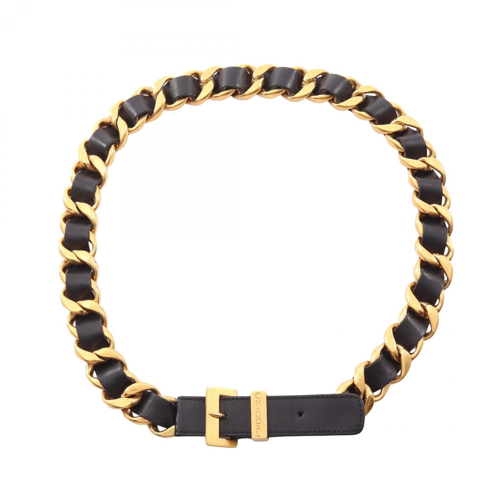 シャネル CHANEL チェーン ベルト 衣料品 レザー GP レディース ゴールド系 / ブラック系 【中古】